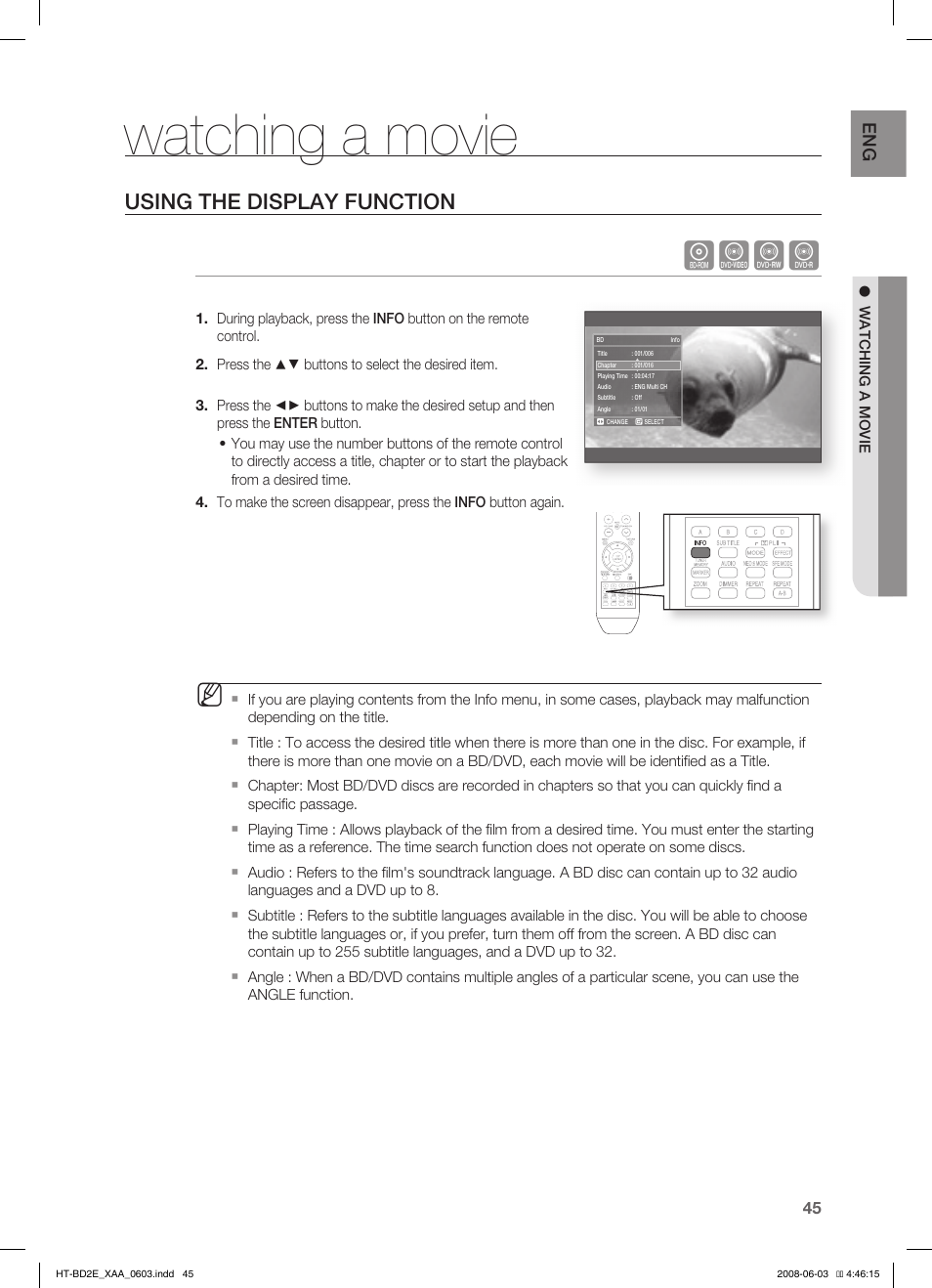 Watching a movie, Using the display function, Hzcv | Samsung HT-BD2ET-XAA User Manual | Page 45 / 66