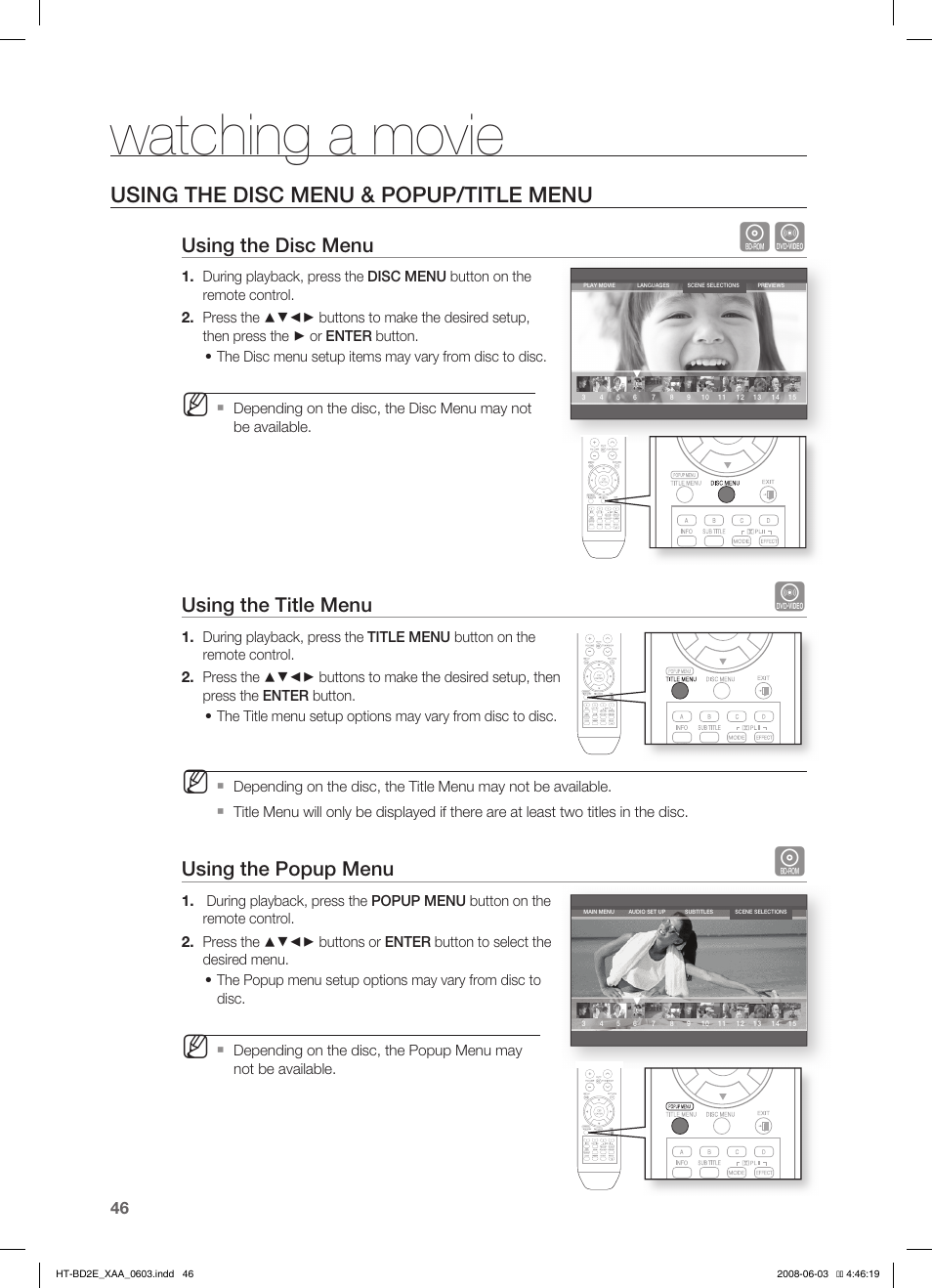 Using the disc menu & popup/title menu, Watching a movie, Using the disc menu | Using the title menu, Using the popup menu | Samsung HT-BD2ET-XAA User Manual | Page 46 / 66