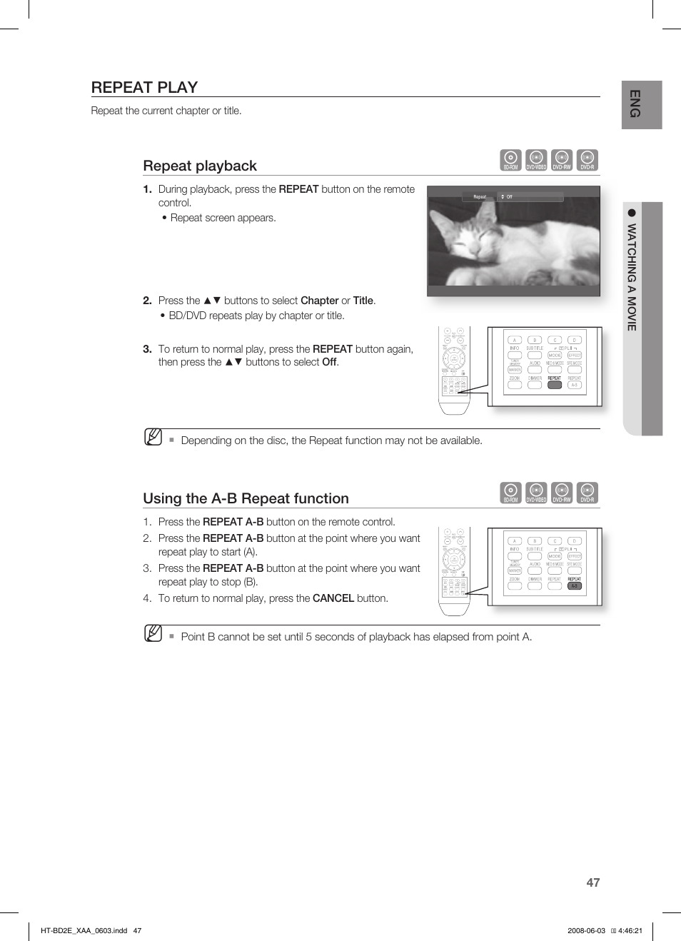 Repeat play, Hzcv | Samsung HT-BD2ET-XAA User Manual | Page 47 / 66