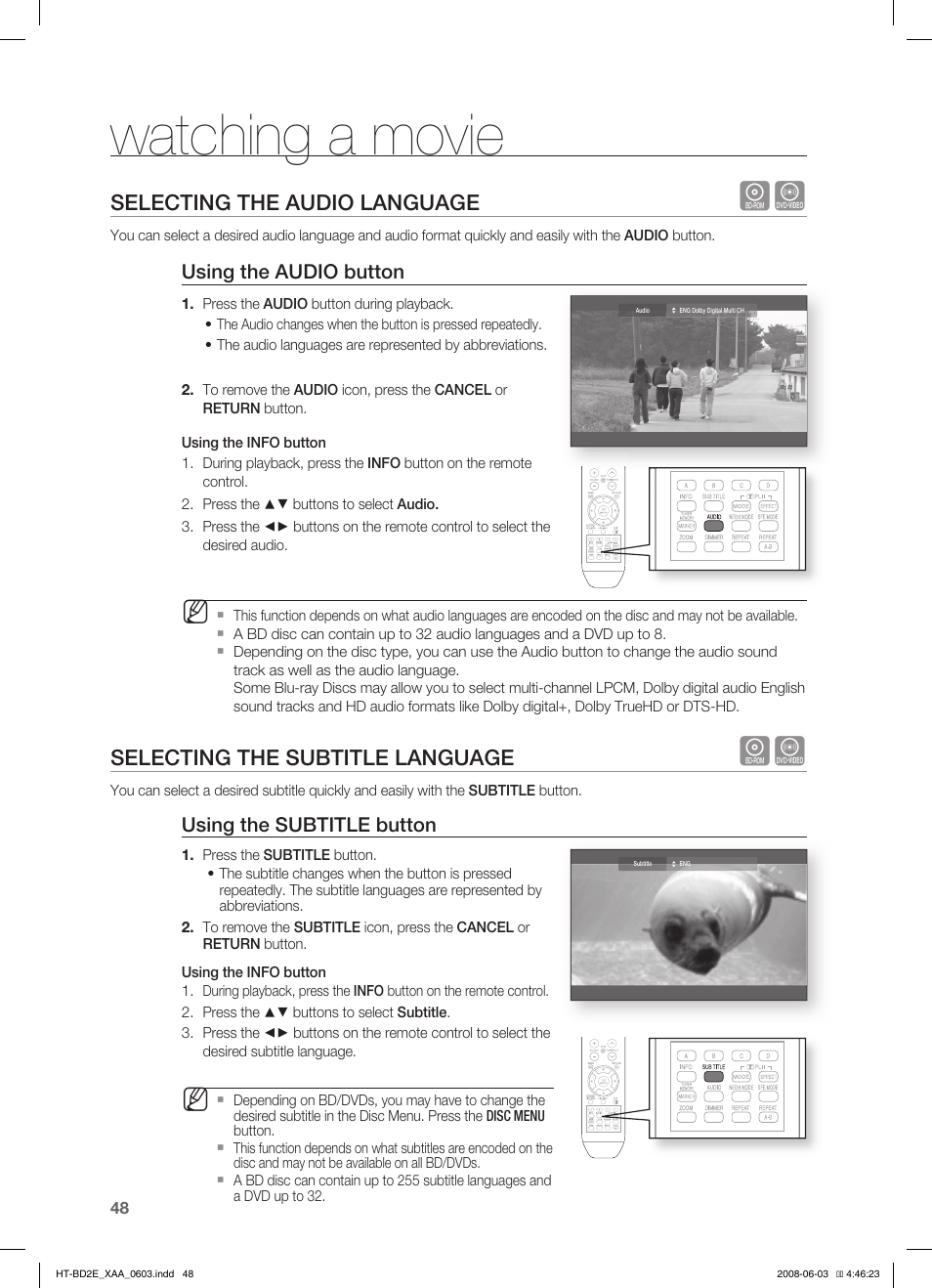 Selecting the audio language, Selecting the subtitle language, Watching a movie | Samsung HT-BD2ET-XAA User Manual | Page 48 / 66