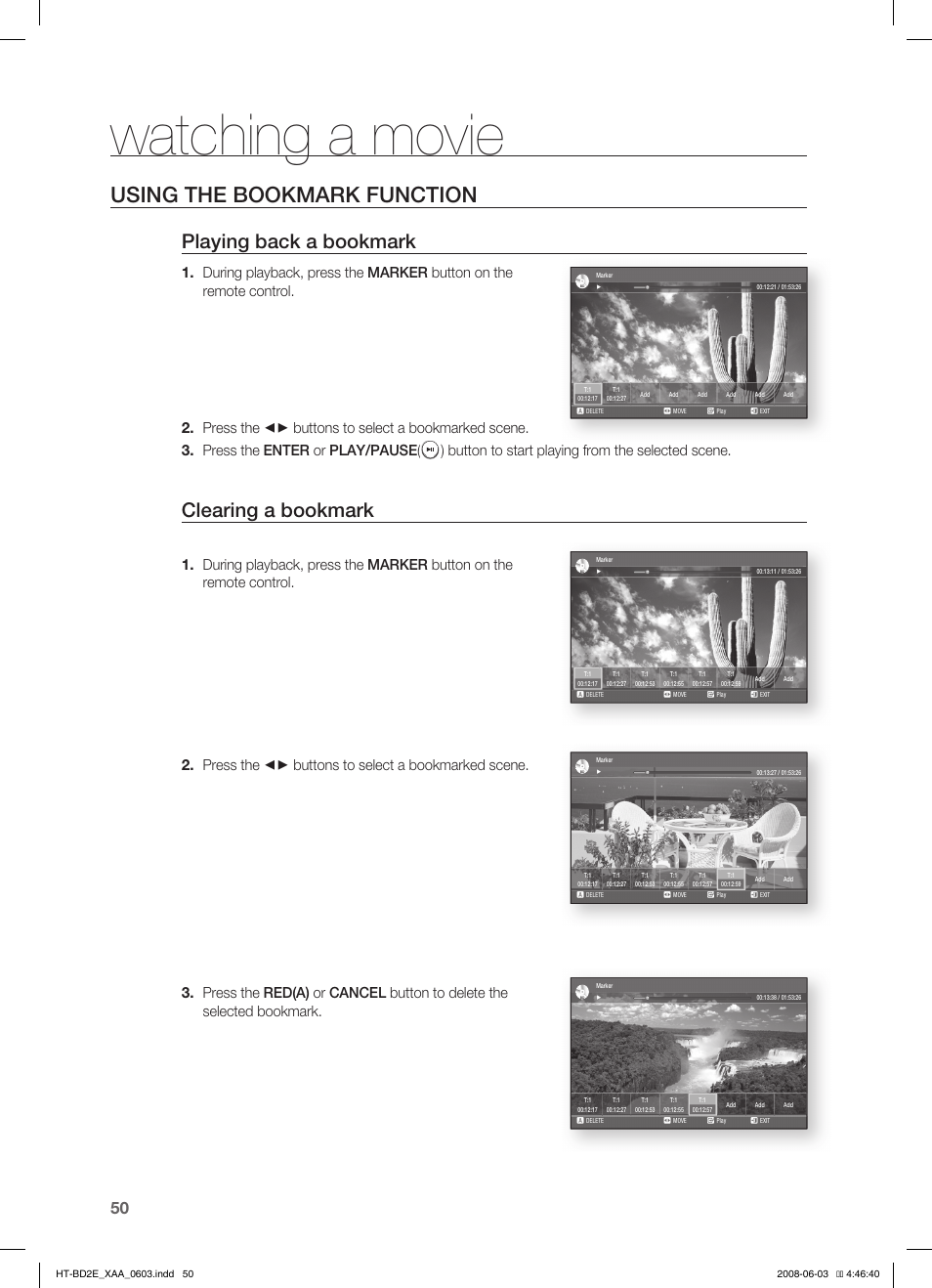 Using the bookmark function, Watching a movie, Playing back a bookmark | Clearing a bookmark | Samsung HT-BD2ET-XAA User Manual | Page 50 / 66