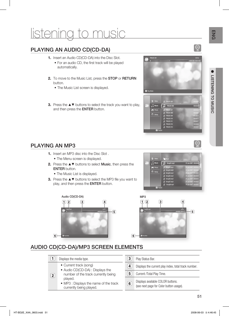 Listening to music, Playing an audio cd(cd-da), Playing an mp3 | Audio cd(cd-da)/mp3 screen elements | Samsung HT-BD2ET-XAA User Manual | Page 51 / 66