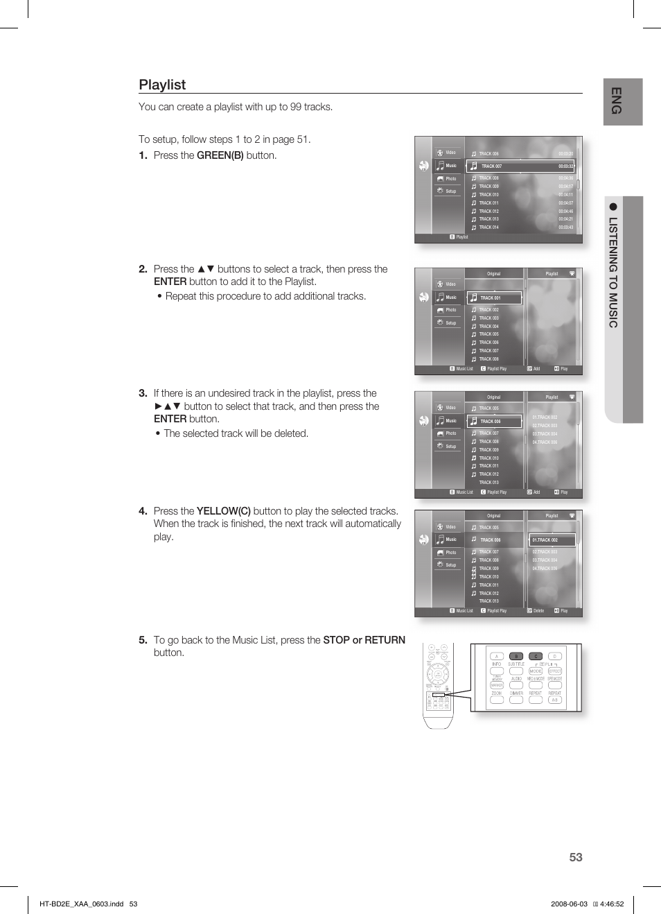 Playlist, Listening to music | Samsung HT-BD2ET-XAA User Manual | Page 53 / 66