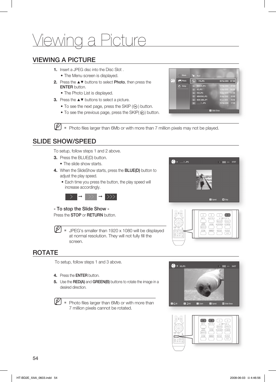 Viewing a picture, Slide show/speed, Rotate | Samsung HT-BD2ET-XAA User Manual | Page 54 / 66