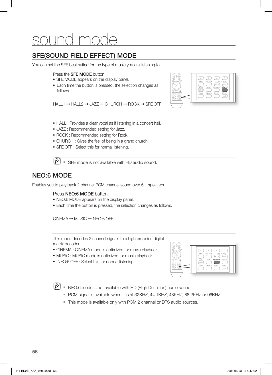 Sound mode, Sfe(sound field effect) mode, Neo:6 mode | Samsung HT-BD2ET-XAA User Manual | Page 56 / 66