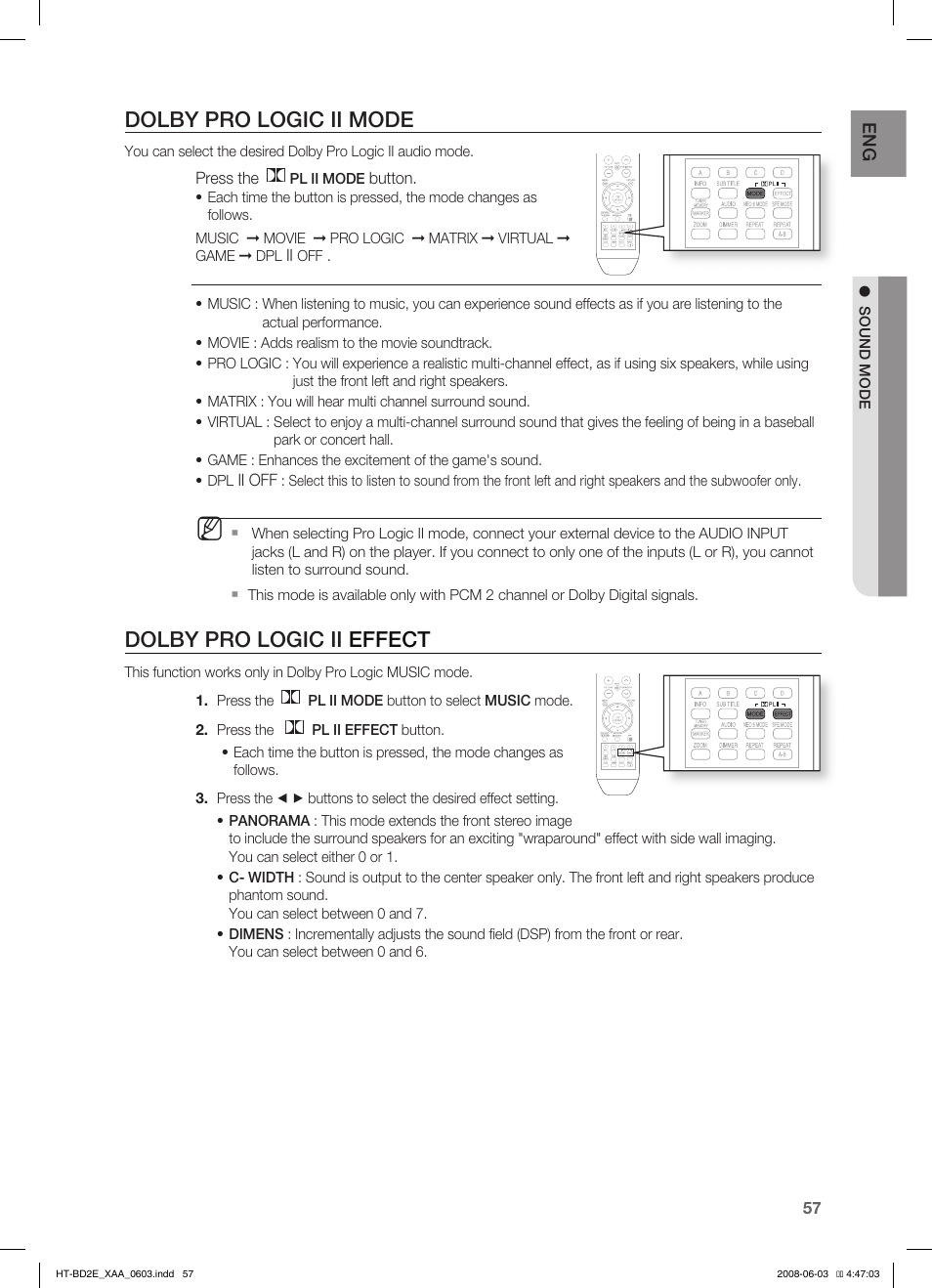 Dolby pro logic ii mode, Dolby pro logic ii effect | Samsung HT-BD2ET-XAA User Manual | Page 57 / 66