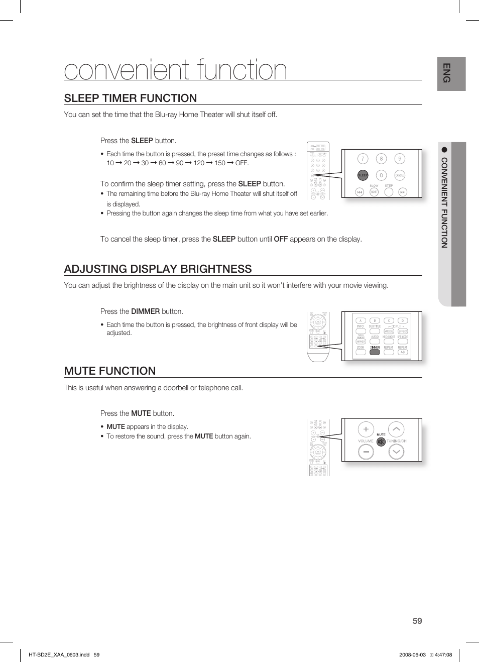 Convenient function, Sleep timer function, Adjusting display brightness | Mute function | Samsung HT-BD2ET-XAA User Manual | Page 59 / 66