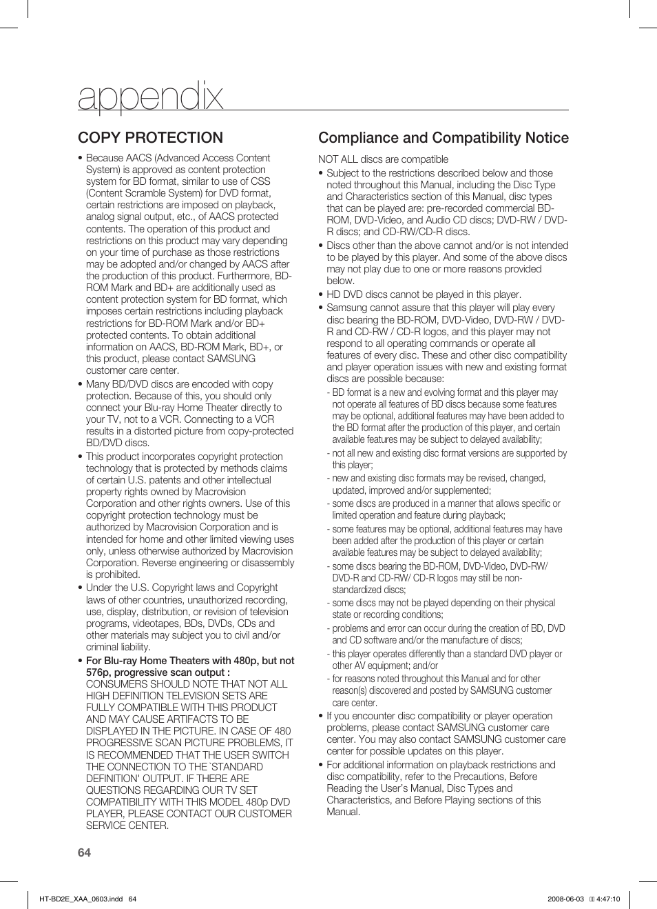 Copy protection, Compliance and compatibility notice, Appendix | Samsung HT-BD2ET-XAA User Manual | Page 64 / 66