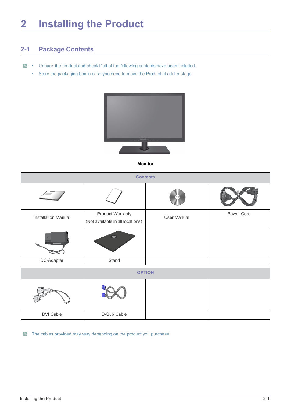 2 installing the product, 1 package contents, Installing the product | Package contents -1, 2installing the product | Samsung LS24A460BSU-ZA User Manual | Page 11 / 46