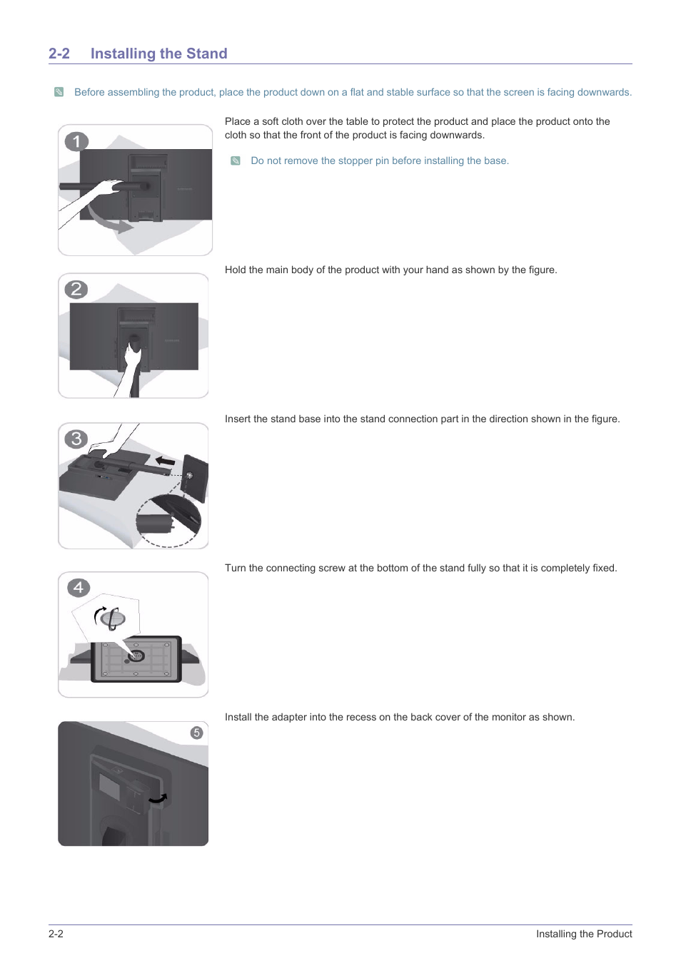2 installing the stand, Installing the stand -2 | Samsung LS24A460BSU-ZA User Manual | Page 12 / 46