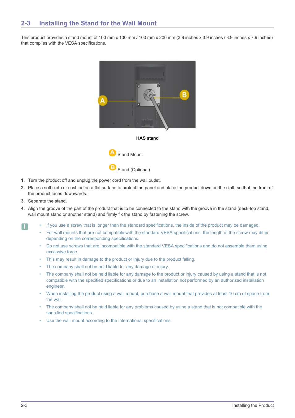 3 installing the stand for the wall mount, Installing the stand for the wall mount -3 | Samsung LS24A460BSU-ZA User Manual | Page 14 / 46