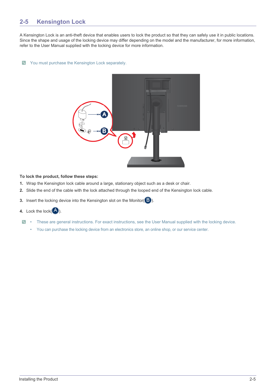 5 kensington lock, Kensington lock -5 | Samsung LS24A460BSU-ZA User Manual | Page 17 / 46