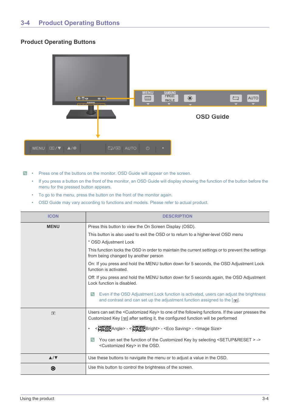 4 product operating buttons, Product operating buttons -4, Product operating buttons | Samsung LS24A460BSU-ZA User Manual | Page 21 / 46