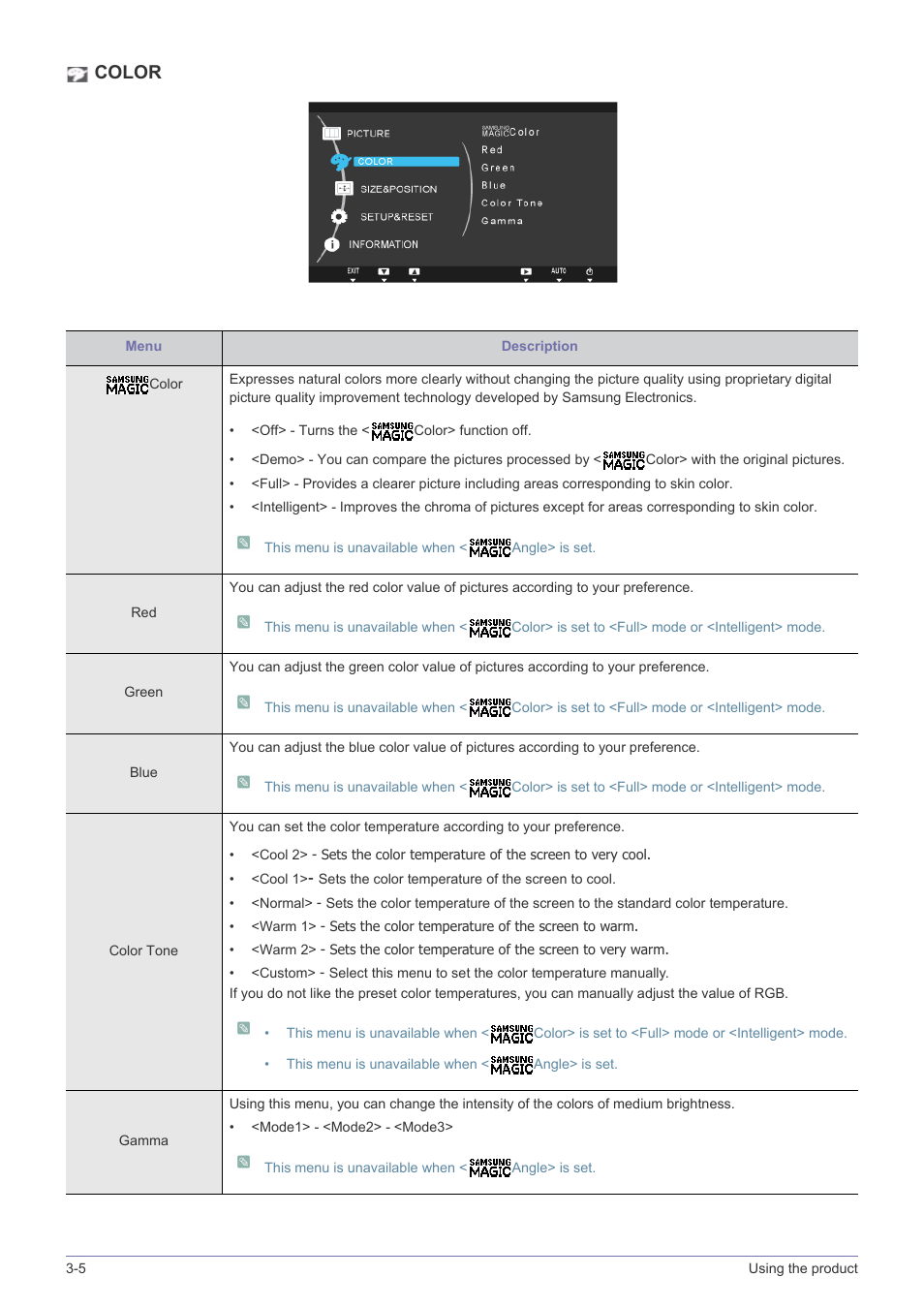 Color | Samsung LS24A460BSU-ZA User Manual | Page 26 / 46