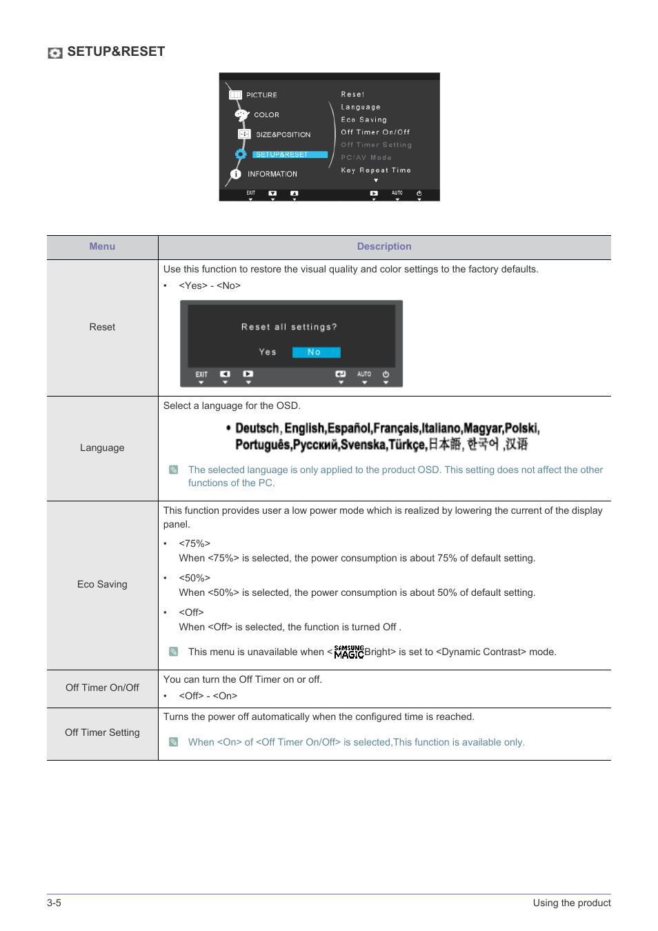 Setup&reset | Samsung LS24A460BSU-ZA User Manual | Page 28 / 46