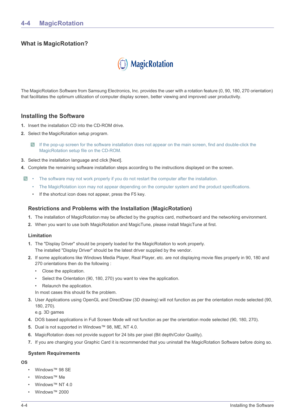4 magicrotation, Magicrotation -4, What is magicrotation | Installing the software | Samsung LS24A460BSU-ZA User Manual | Page 34 / 46