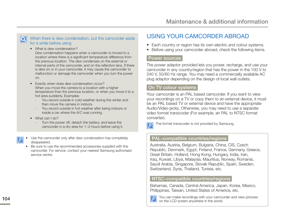 Using your camcorder abroad, Maintenance & additional information | Samsung HMX-F90BN-XAA User Manual | Page 104 / 110