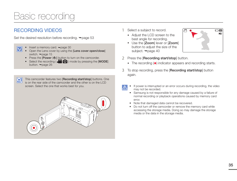 Basic recording, Recording videos | Samsung HMX-F90BN-XAA User Manual | Page 35 / 110