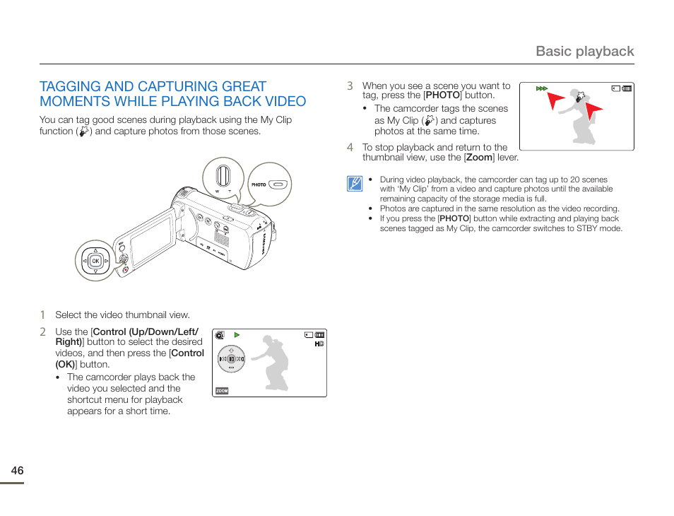 Tagging and capturing great moments while, Playing back video | Samsung HMX-F90BN-XAA User Manual | Page 46 / 110