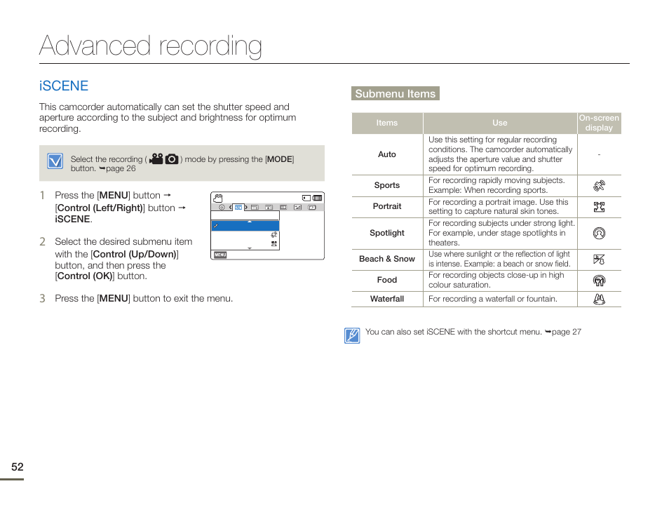 Advanced recording, Iscene | Samsung HMX-F90BN-XAA User Manual | Page 52 / 110