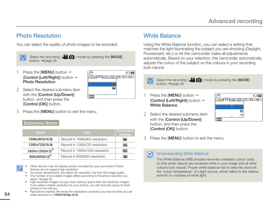 Photo resolution, White balance, Photo resolution white balance | Advanced recording photo resolution, Submenu items | Samsung HMX-F90BN-XAA User Manual | Page 54 / 110