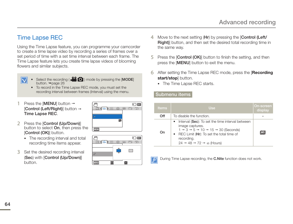 Time lapse rec, Advanced recording time lapse rec, Submenu items | Samsung HMX-F90BN-XAA User Manual | Page 64 / 110