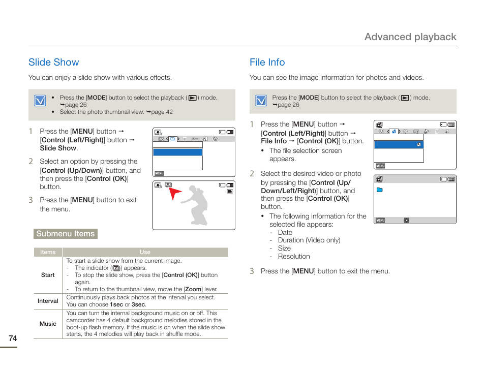 Slide show, File info, Slide show file info | Advanced playback slide show, Submenu items | Samsung HMX-F90BN-XAA User Manual | Page 74 / 110