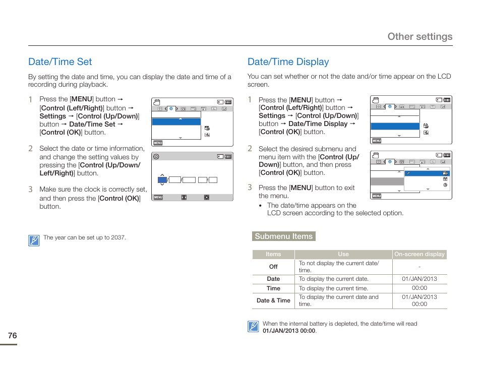 Date/time set, Date/time display, Date/time set date/time display | Other settings date/time set, Submenu items | Samsung HMX-F90BN-XAA User Manual | Page 76 / 110