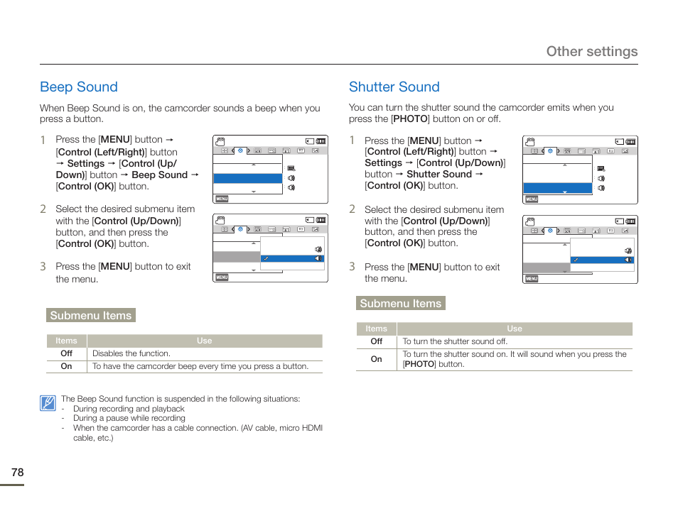 Beep sound, Shutter sound, Other settings beep sound | Submenu items | Samsung HMX-F90BN-XAA User Manual | Page 78 / 110