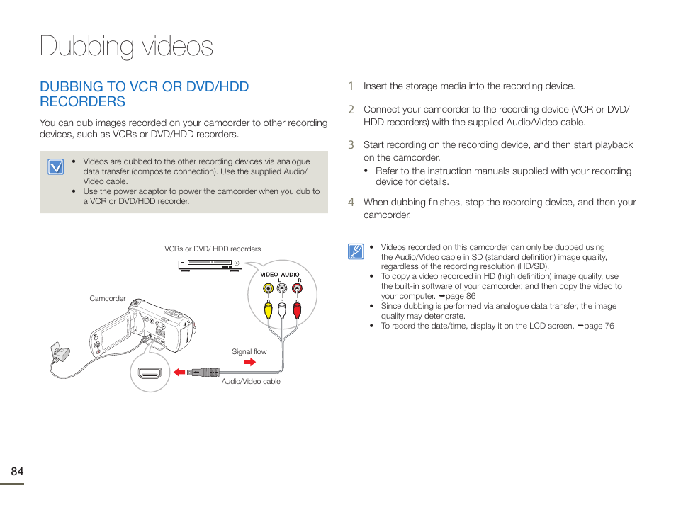 Dubbing videos, Dubbing to vcr or dvd/hdd recorders | Samsung HMX-F90BN-XAA User Manual | Page 84 / 110