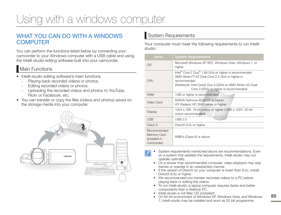 Using with a windows computer, What you can do with a windows computer, Main functions | System requirements | Samsung HMX-F90BN-XAA User Manual | Page 85 / 110