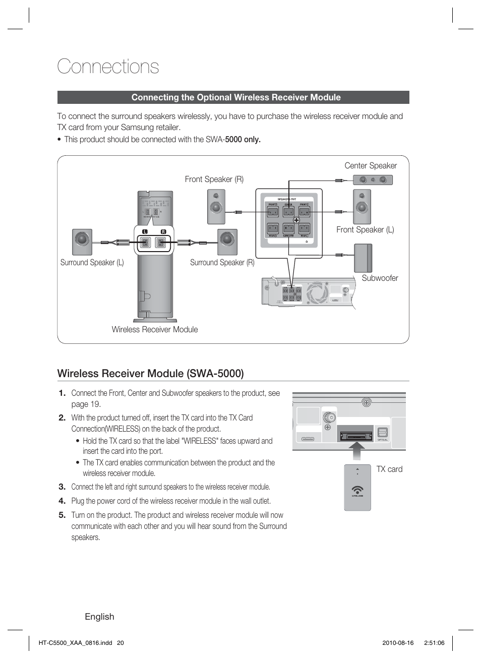 Connecting the optional wireless receiver module, Connections, Wireless receiver module (swa-5000) | English | Samsung HT-C5500-XAC User Manual | Page 20 / 68