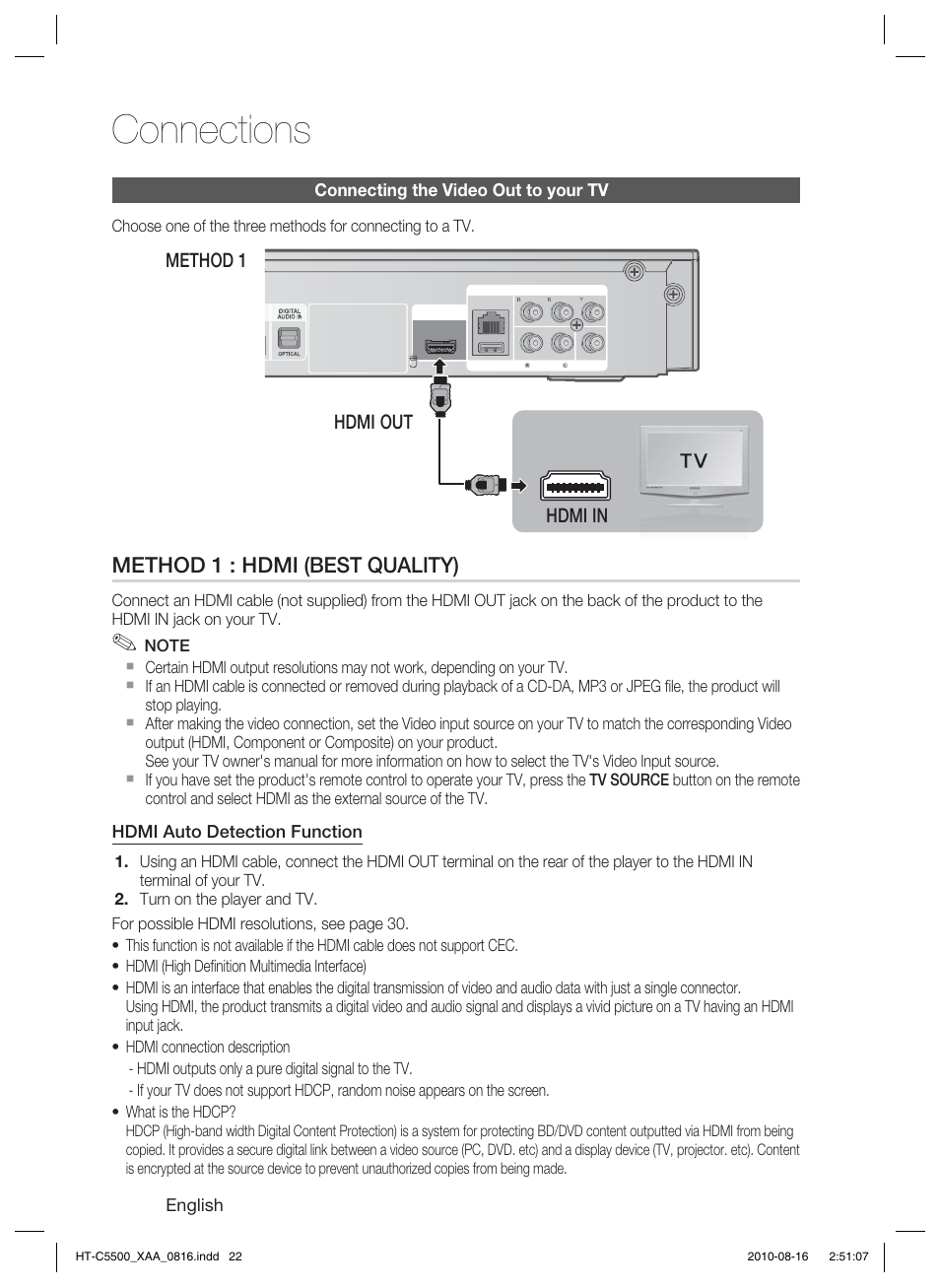 Connecting the video out to your tv, Connections, Method 1 : hdmi (best quality) | Samsung HT-C5500-XAC User Manual | Page 22 / 68