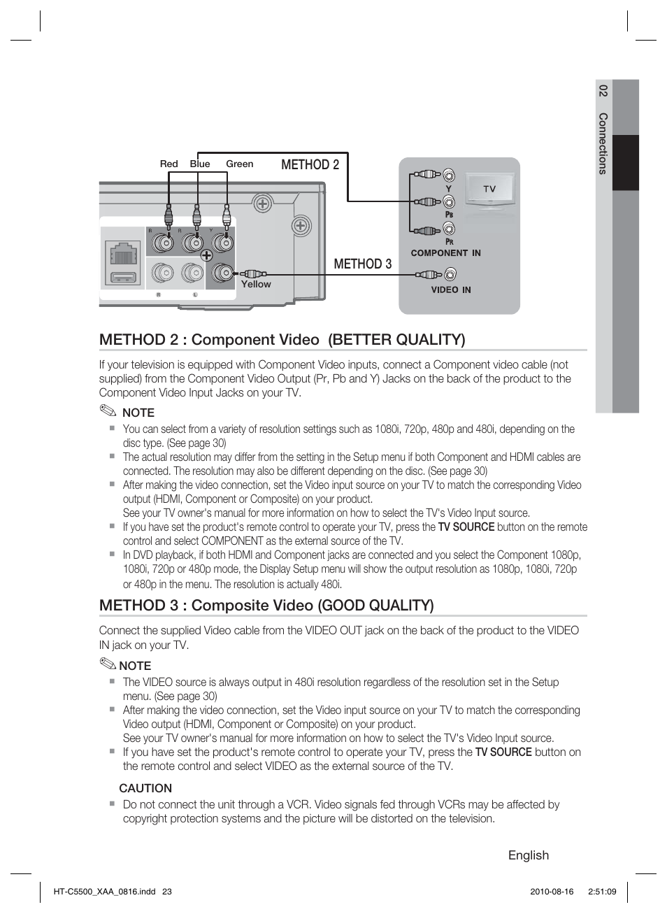 Method 2 : component video (better quality), Method 3 : composite video (good quality) | Samsung HT-C5500-XAC User Manual | Page 23 / 68