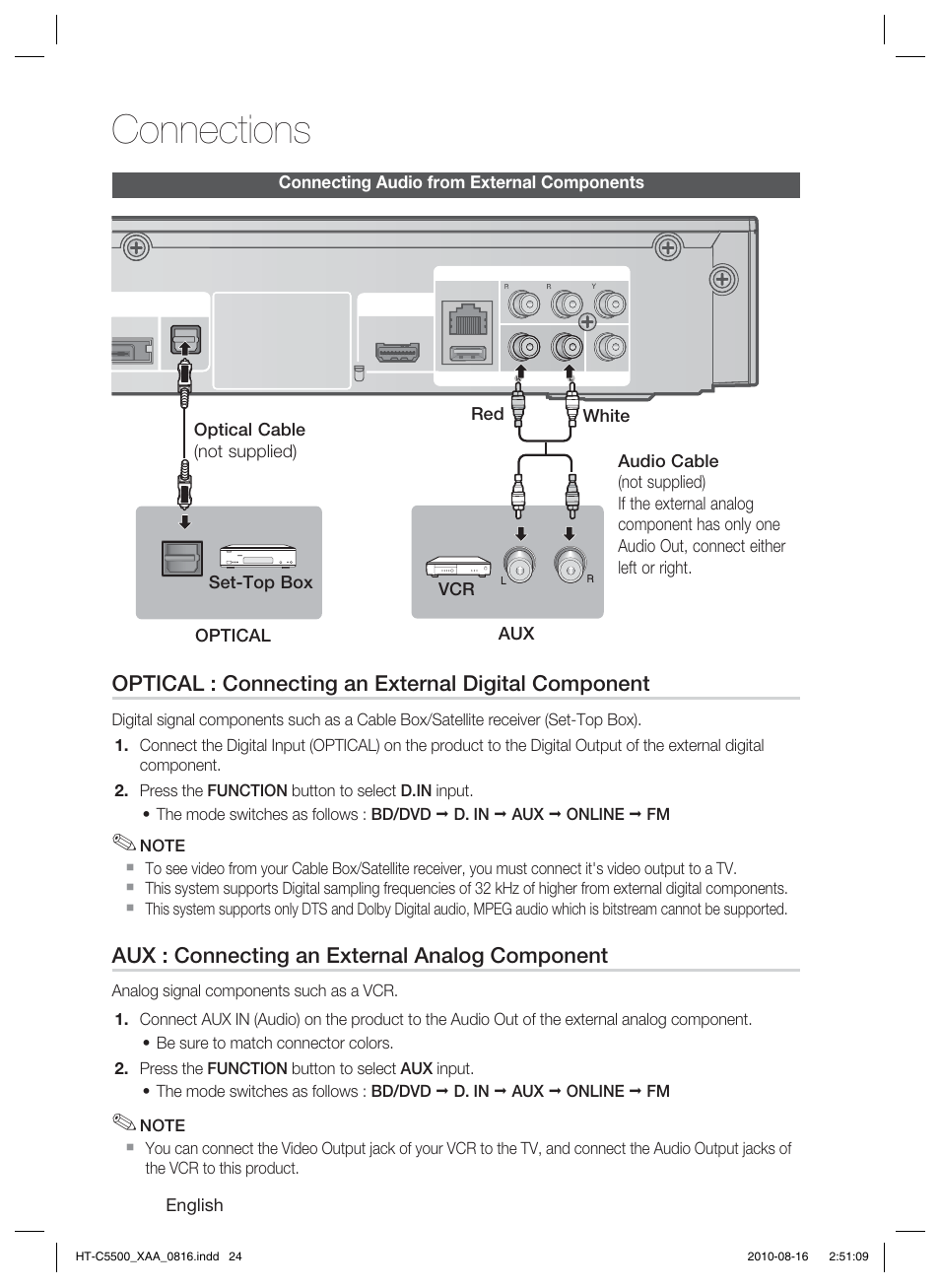 Connecting audio from external components, Connections, Optical : connecting an external digital component | Aux : connecting an external analog component | Samsung HT-C5500-XAC User Manual | Page 24 / 68