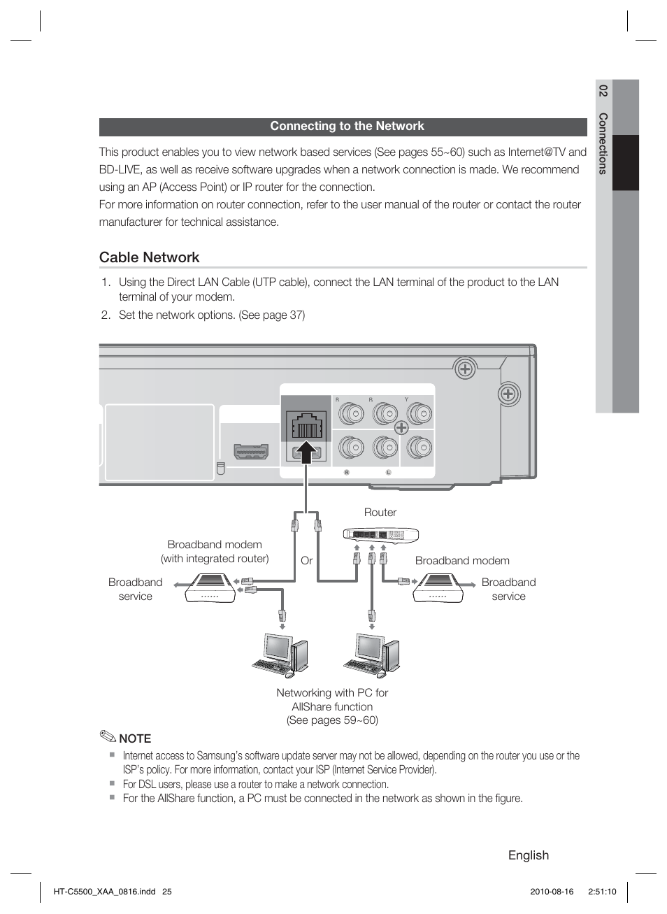 Connecting to the network, Cable network | Samsung HT-C5500-XAC User Manual | Page 25 / 68