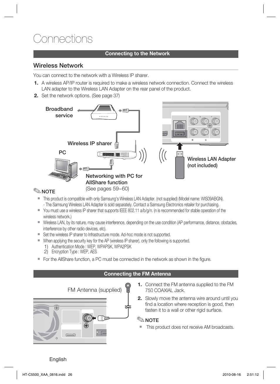 Connecting the fm antenna, Connections, Wireless network | Samsung HT-C5500-XAC User Manual | Page 26 / 68