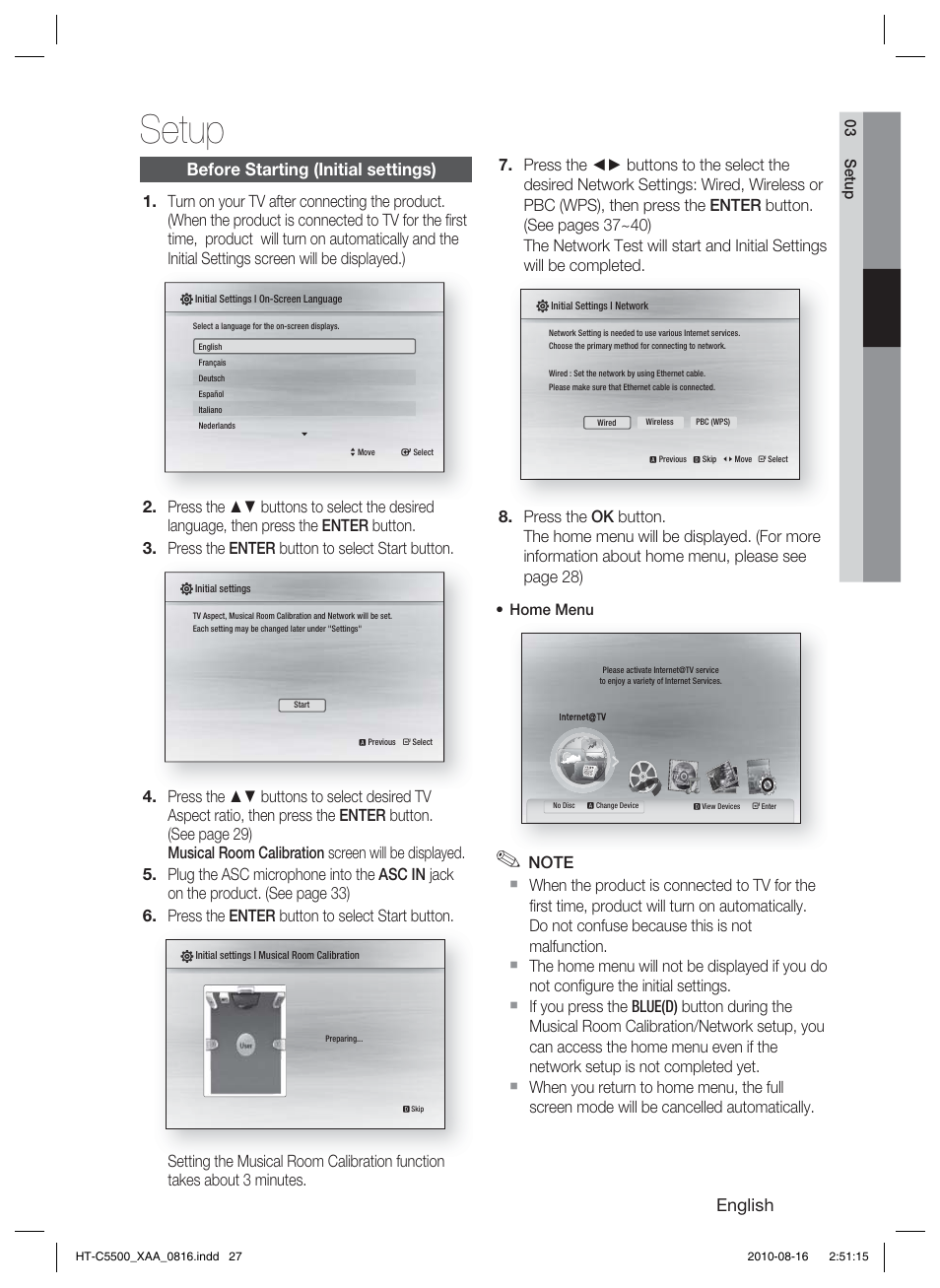 Setup, Before starting (initial settings), English | Samsung HT-C5500-XAC User Manual | Page 27 / 68