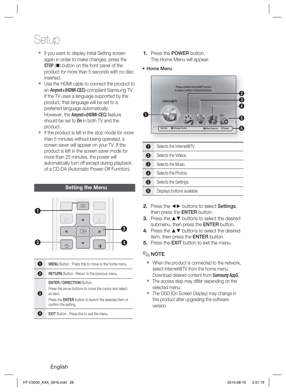 Setting the menu, Setup | Samsung HT-C5500-XAC User Manual | Page 28 / 68