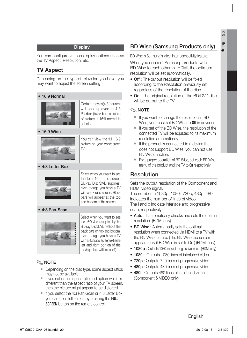 Display, Tv aspect, Bd wise (samsung products only) | Resolution | Samsung HT-C5500-XAC User Manual | Page 29 / 68