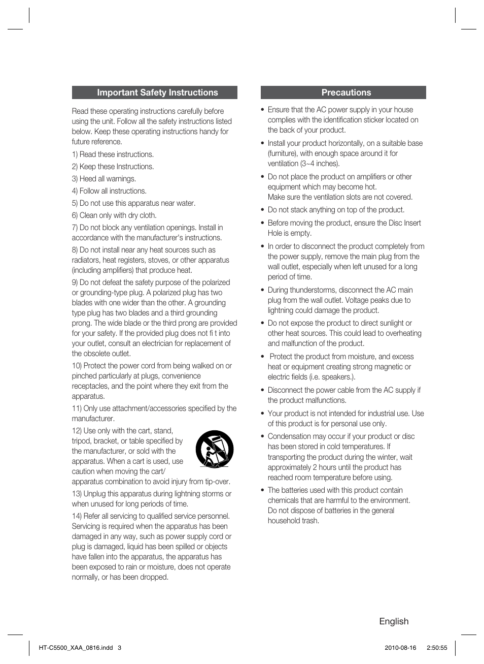 Important safety instructions, Precautions | Samsung HT-C5500-XAC User Manual | Page 3 / 68