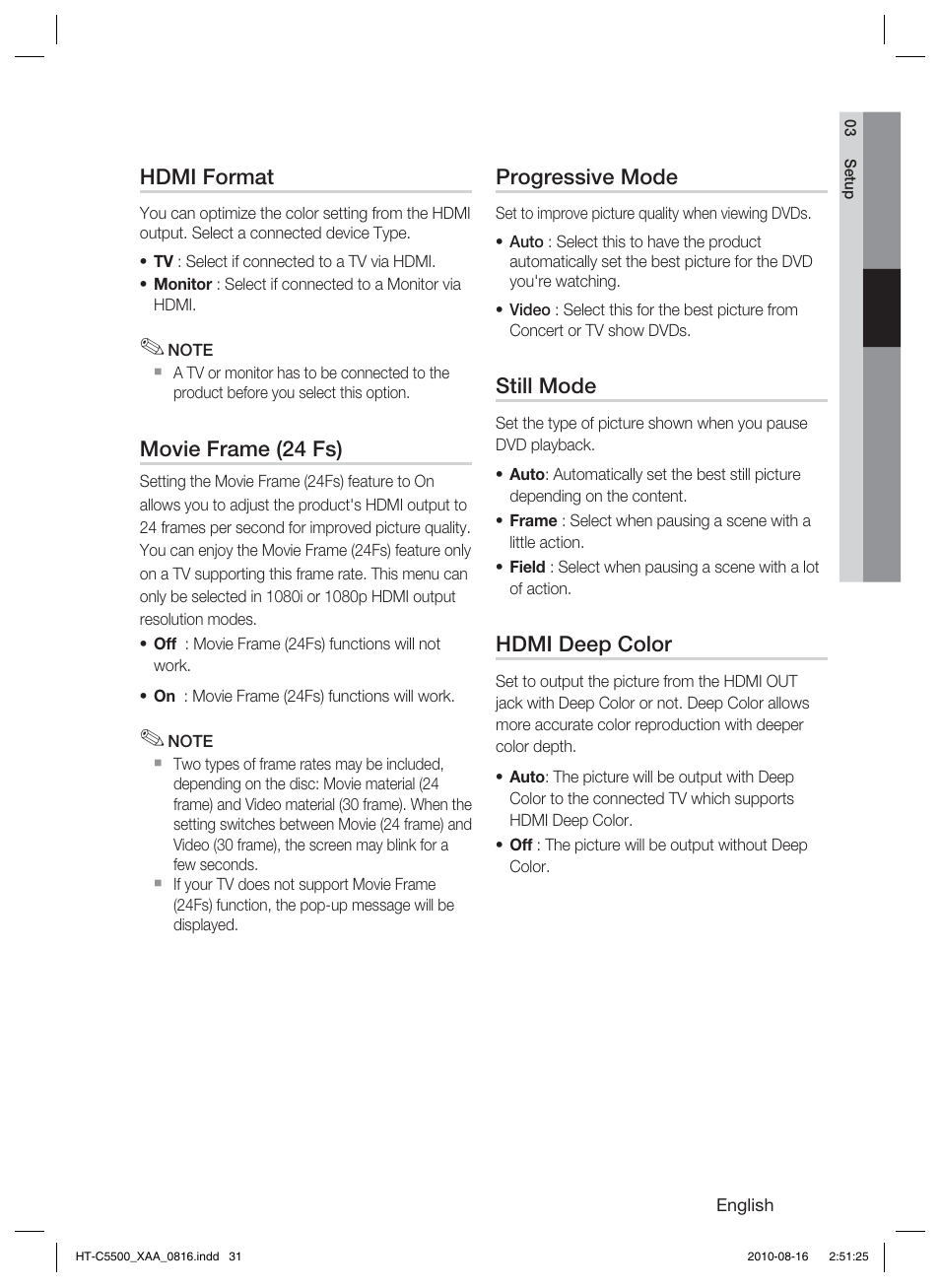 Hdmi format, Movie frame (24 fs), Progressive mode | Still mode, Hdmi deep color | Samsung HT-C5500-XAC User Manual | Page 31 / 68