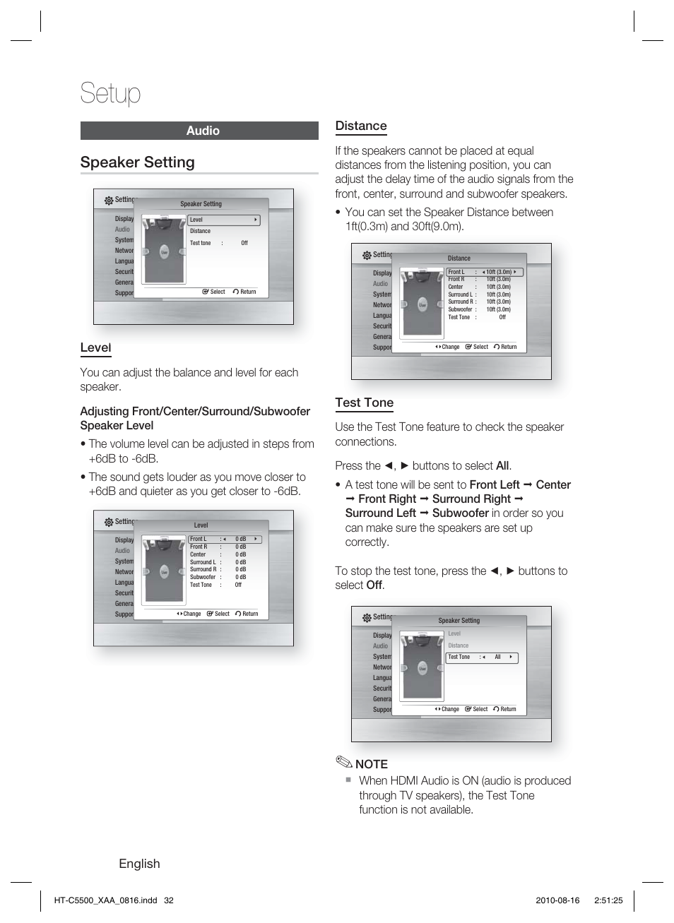 Audio, Speaker setting, Setup | English, Distance, Test tone, Level | Samsung HT-C5500-XAC User Manual | Page 32 / 68