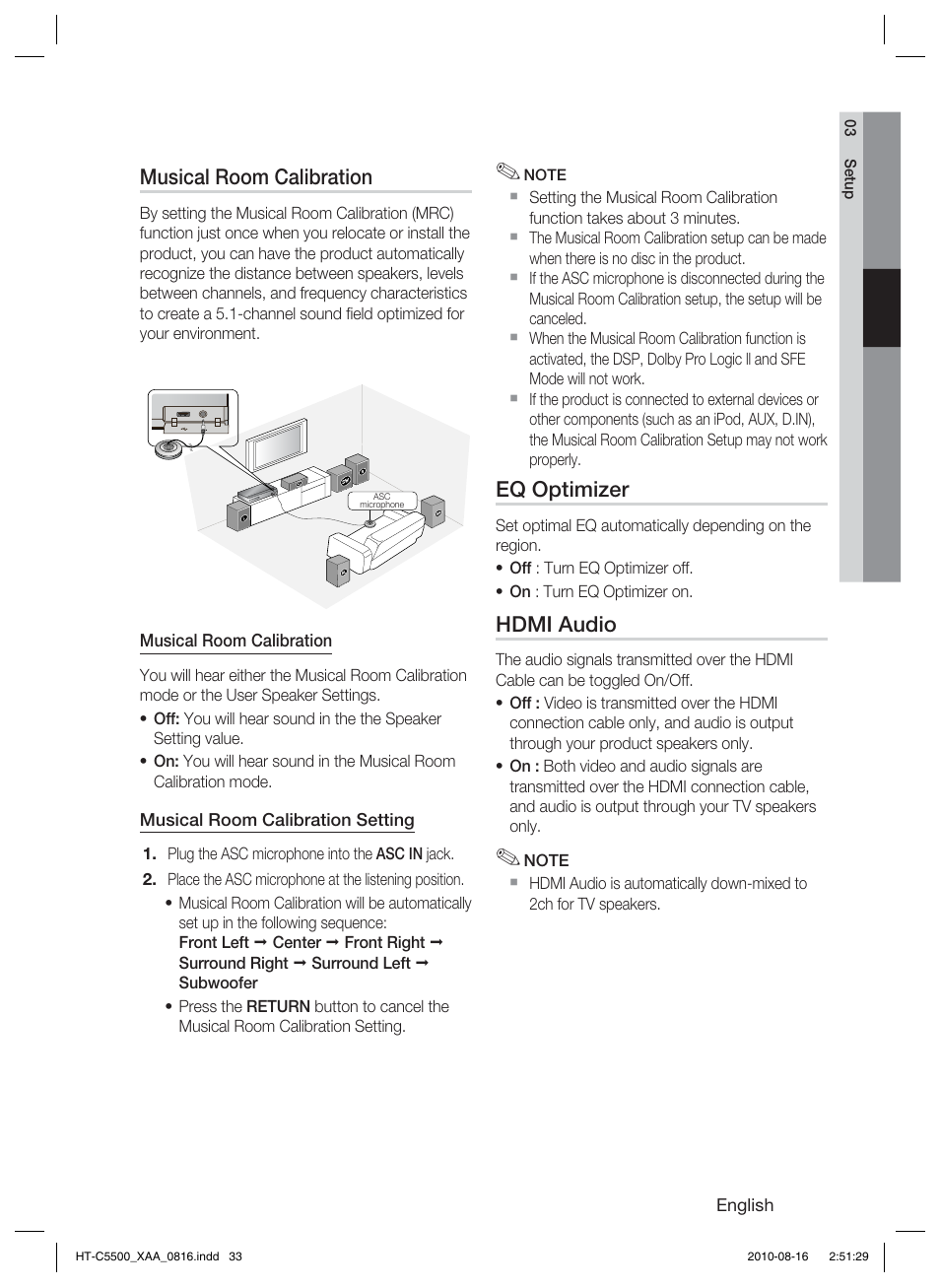 Musical room calibration, Eq optimizer, Hdmi audio | Samsung HT-C5500-XAC User Manual | Page 33 / 68