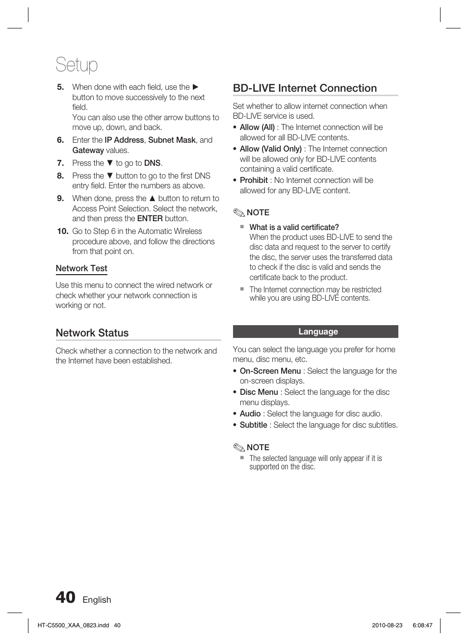 Network status, Bd-live internet connection, Language | Setup | Samsung HT-C5500-XAC User Manual | Page 40 / 68