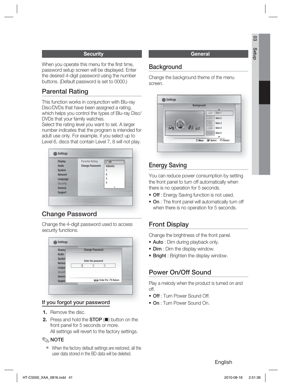 Security, Parental rating, Change password | General, Background, Energy saving, Front display, Power on/off sound, English, If you forgot your password | Samsung HT-C5500-XAC User Manual | Page 41 / 68