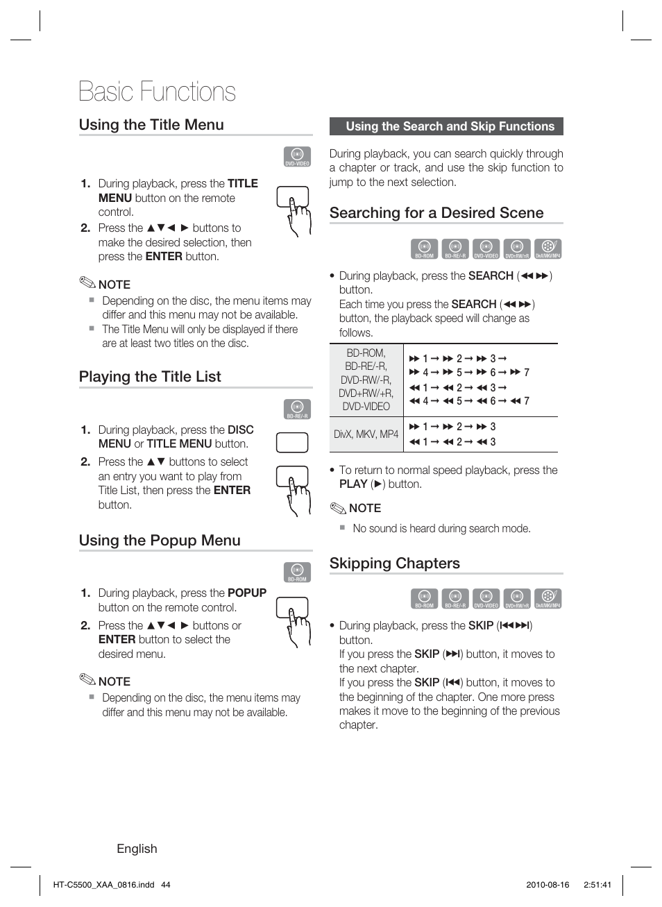 Using the search and skip functions, Basic functions, Hzzyx | Samsung HT-C5500-XAC User Manual | Page 44 / 68