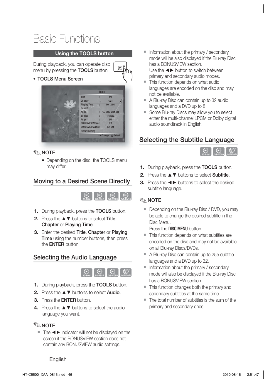 Using the tools button, Basic functions, Hzzy | Hzzx, Moving to a desired scene directly, Selecting the audio language, Selecting the subtitle language | Samsung HT-C5500-XAC User Manual | Page 46 / 68