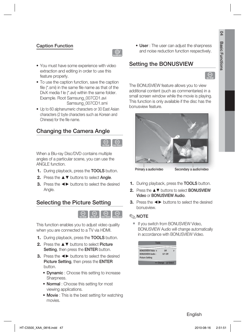 Hzzy, Changing the camera angle, Selecting the picture setting | Setting the bonusview | Samsung HT-C5500-XAC User Manual | Page 47 / 68