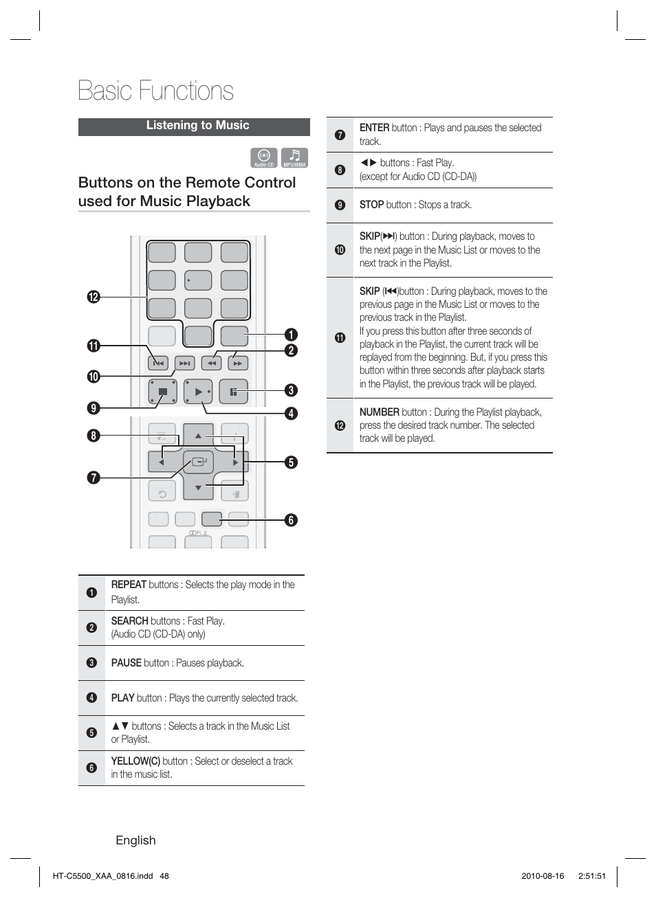 Listening to music, Basic functions | Samsung HT-C5500-XAC User Manual | Page 48 / 68